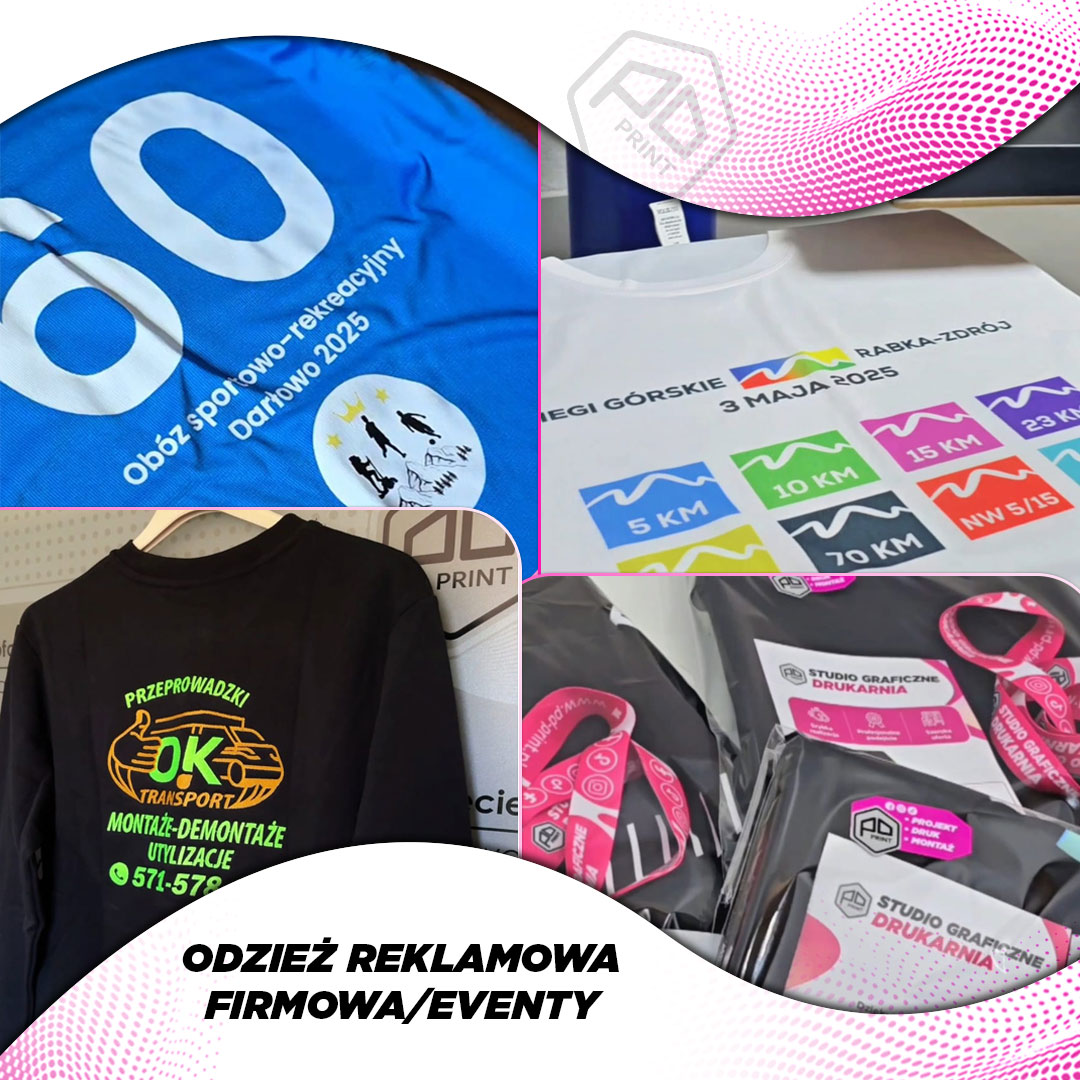 Nadruki DTF, haft, sublimacja — odzież firmowa, biegi, eventy